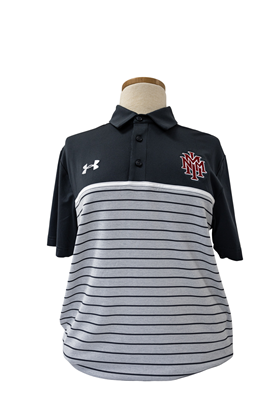 Mens Under Armour Polo Shirt with Red NMMI Logo - Black/Light Gray Striped